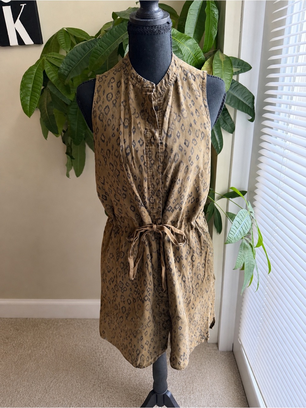 Madewell Silk Animal Print Dress Medium Sleeveless Tie Waist Tan Brown Boho